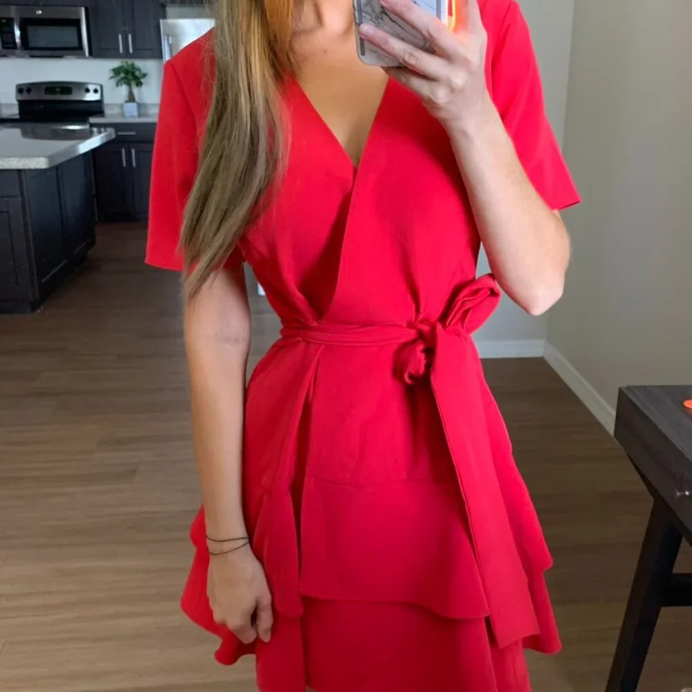 Charles Henry Red Ruffle Tiered Wrap Dress Small
